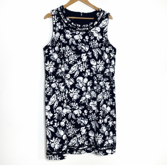 Talbots Shift Dress Sleeveless Navy White Fruit Motif Zip Back Textured Cotton - Picture 2 of 16